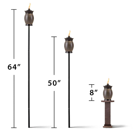 Resin Jar Torch With 4-In-1 Design, 64-Inch Outdoor Torch For Patio Garden And Lawn shown in three height options, weather-resistant stone color.