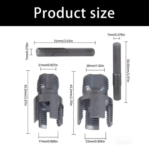 Heavy Duty Pipe Threading Tool Set For 1/2 And 3/4 Inch Pipes Integrated Internal External Thread Cutter size dimensions displayed.