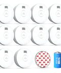 Smoke Detector With Ten Year Sealed Battery For Home Fire Warning And Family Safety System Quick Setup featuring white housing and battery.