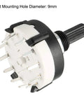 12 Position Rotary Switch Selector 1 Pole 12 Throw Band Channel Single Deck Pack Of 2 For Radio TV And Industrial Control Equipment With 9mm Mounting Hole 13 Pins 6mm Shaft Built To Last, showing side angle with pins and black shaft.