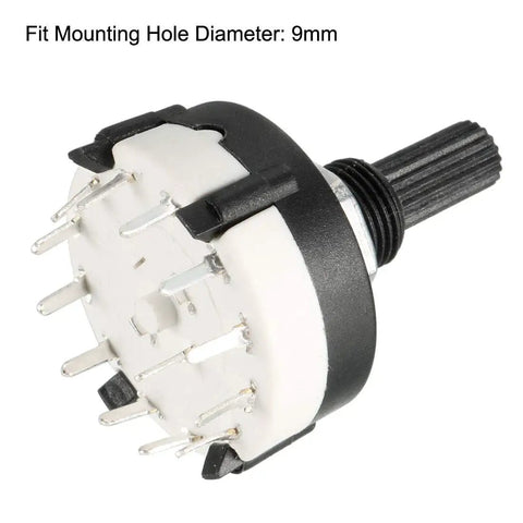 12 Position Rotary Switch Selector 1 Pole 12 Throw Band Channel Single Deck Pack Of 2 For Radio TV And Industrial Control Equipment With 9mm Mounting Hole 13 Pins 6mm Shaft Built To Last, showing side angle with pins and black shaft.