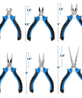Six Piece Mini Pliers Set With Precision Tools Including Needle Nose Bent Nose Long Nose Diagonal And End Cutting Pliers For Electronics DIY And Crafting, each plier labeled with size.
