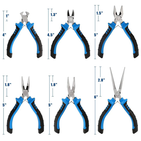 Six Piece Mini Pliers Set With Precision Tools Including Needle Nose Bent Nose Long Nose Diagonal And End Cutting Pliers For Electronics DIY And Crafting, each plier labeled with size.