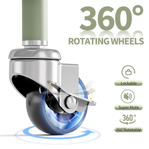 Close-up of 360-degree rotating metal wheel on Three Tier Rolling Cart Storage Organizer With Metal Wheels Pegboard Hooks And Bins For Bathroom Kitchen Office Nursery And Craft Rooms A Sturdy Mobile Utility Cart For Diapers Books Art Supplies And More