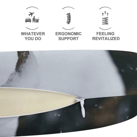 Snow Owl Travel Pillow with open zipper showing memory foam core and polyester cover, ergonomic support icons above.
