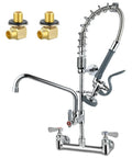 Commercial Wall Mount Kitchen Sink Faucet With High Pressure Pre Rinse Sprayer And Add On Swing Spout 8 Inch Adjustable Centers in polished chrome finish.