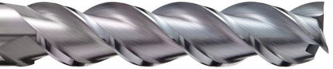 Close-up of Carbide Square Nose End Mill Pro Grade Extra Long Reach For Aluminum And Nonferrous showing 3 flutes and TiCN finish.
