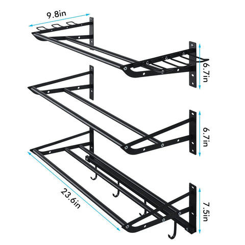 Three Tier Wall Mounted Gear Organizer With Ball Rack Bat And Racket Holders And Four Helmet And Accessory Hooks Heavy Duty Garage Storage In Glossy Black