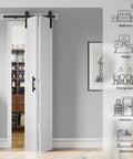 48x84 Inch White Bi Fold Barn Door With Hardware Kit And Handle Double Folding Sliding Door Solid MDF With Waterproof PVC Surface No Assembly Required Space Saving Modern Farmhouse Vibe For Tight Spaces.