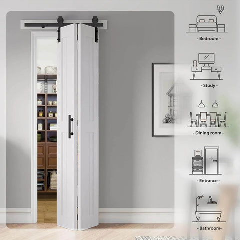 60 By 84 Inch White Bi Fold Barn Door With Hardware Kit And Handle Solid MDF With Waterproof PVC Surface installed in doorway
