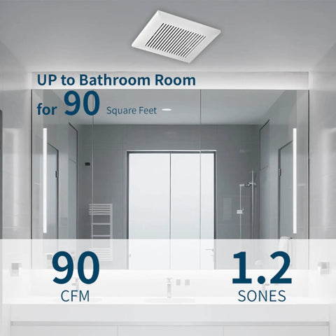 Modern bathroom with 90 CFM Very Quiet Bathroom Exhaust Fan With 1.2 Sone Noise And 4 Inch Duct No Attic Access Needed Easy Ceiling Mount Install White ETL Certified Ventilation Fan on ceiling