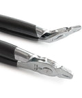 Close-up of Hog Ring Pliers Set Two Piece Straight And 45 Degree Bent With Cushioned Non Slip Grips In Steel for upholstery and fencing.