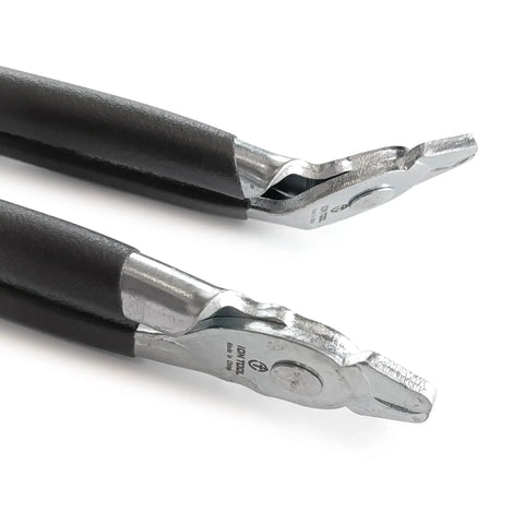 Close-up of Hog Ring Pliers Set Two Piece Straight And 45 Degree Bent With Cushioned Non Slip Grips In Steel for upholstery and fencing.