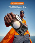 Person holding Master Grip Universal Magnetic Phone Grip With C03 Selfie Light Kit for iPhone 17 Pro Max.
