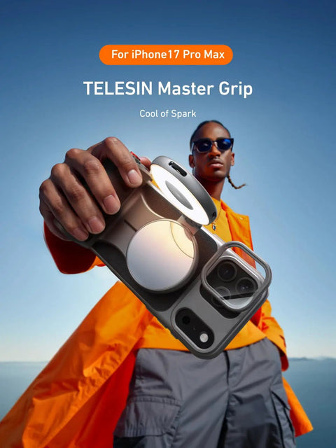 Person holding Master Grip Universal Magnetic Phone Grip With C03 Selfie Light Kit for iPhone 17 Pro Max.