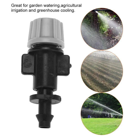 50 Piece Misting Nozzle Set For Garden Drip Irrigation, Durable Plastic Construction, shown with adjustable flow examples