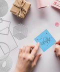 Six Piece Cutting Dies Set for Card Making and Scrapbooking includes rectangle, circle, triangle, square, oval, and hexagon dies displayed with a craft setup.
