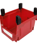 Mount These Red Heavy Duty Stackable Wall Storage Bins For Garage Organizer Plastic Tool Caddies Built Super Durable For Shop Warehouse And Home Organization Flex, view of the open red storage bin with black clips.