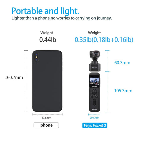 Pocket 3 Kit Handheld 4K Vlogging Camera With 3 Axis Gimbal And Image Stabilization 12 MP CMOS Sensor next to phone for size comparison