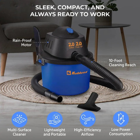 Wet Dry Vacuum Cleaner For Home And Shop Use, 2 Gallon Portable Shop Vac With 2.0 Peak HP, 60 CFM, blue and black design