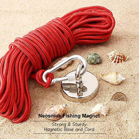 Neosmuk fishing magnet with red cord and carabiner for underwater treasure retrieval.
