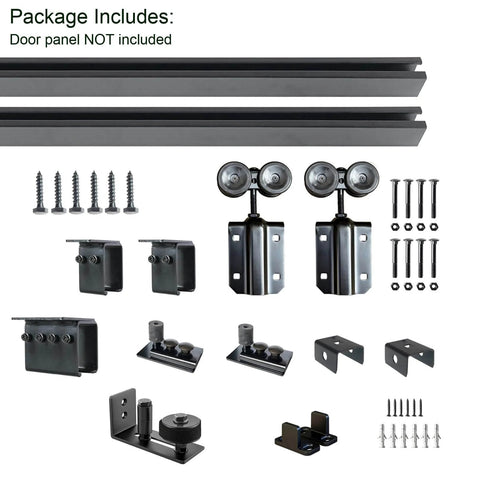 Components of Black 8Ft Ceiling Mount Sliding Barn Door Hardware Kit For Low Ceilings Exterior Box Track System For Outdoor Use