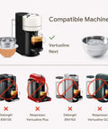 Stainless Steel Reusable Vertuo Capsule For Vertuo Next With coffee machine compatibility chart and capsule details.