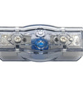 Front view of a 60A Car Audio Power Wire Fuse Holder with 4 Gauge Nickel Plated Connectors, Clear See Through Cover, Heat Resistant Base.