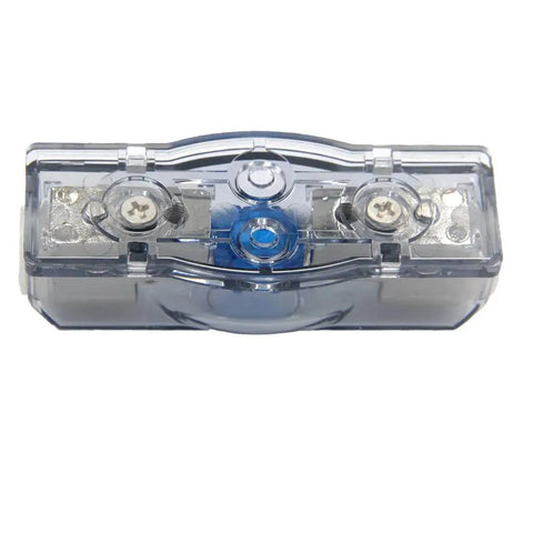 Front view of a 60A Car Audio Power Wire Fuse Holder with 4 Gauge Nickel Plated Connectors, Clear See Through Cover, Heat Resistant Base.