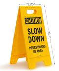 Caution Slow Down Pedestrians In Area Folding Floor Sign 25 By 12 Inches Plastic Black On Yellow Big And Bright Double Sided Durable
