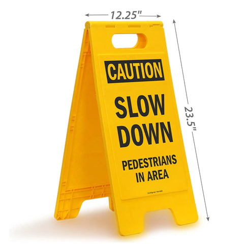 Caution Slow Down Pedestrians In Area Folding Floor Sign 25 By 12 Inches Plastic Black On Yellow Big And Bright Double Sided Durable