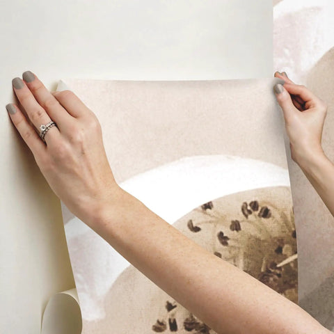 Hands applying Creamy Floral Peel And Stick Wallpaper Mural 9 Feet Wide By 9 Feet High 81 Sq Ft Coverage Six 18 Inch Wide Panels