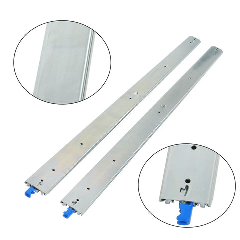 Beefy 56 Inch Heavy Duty Drawer Slides With 500 Pound Capacity Locking Full Extension Ball Bearing Rails, showing steel rails.