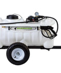 Side view of Deluxe 25 Gallon Trailer Sprayer With Polyethylene Tank 12V Demand Pump Boom Sprayer And Lever Handgun Two Nozzles