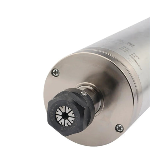 Close-up of Beefy 24000Prm 400Hz 2.2kW ER20 Water Cooled Milling Motor showcasing the collet for engraving and woodworking, 220V and 380V.