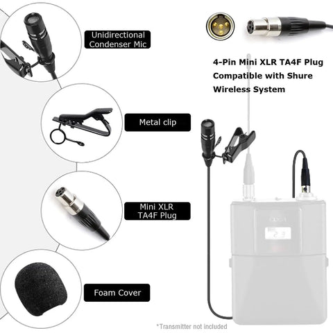 Lavalier Lapel Microphone With Unidirectional Cardioid Condenser For Shure Wireless Bodypack Transmitter Systems Mini XLR