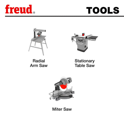 Freud tools display featuring radial arm saw, stationary table saw, and miter saw for 12 Inch Solid Surface Saw Blade with TiCo Hi-Density Carbide.