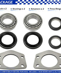 2 Piece Axle Bearing And Seal Kit With Drum Brake For Jeep Wrangler Wagoneer CJ TJ XJ J10 Dana 44 Rear 1997 Through 2006 Replacement OEM Style Premium Aftermarket Parts; includes bearings, seals, retainers, and press rings.