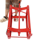 Beefy Steel Drum Cradle With Dependable Rolling Wheels And Fold Back Dump Bar For Serious Fifty Five Gallon Vessel Hauling and Zero Sweat Liquid Transferring On Any Commercial Site, viewed from front with handle and wheels.