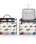 Aircraft Inspired Travel Toiletry Bag with multicolored helicopter print, shown closed and open with a hanging hook and mesh pocket.