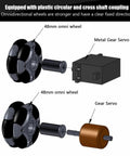 Diagram showing 48mm omni directional robot wheels with gear servo and plastic shaft coupling for versatile robot movement.
