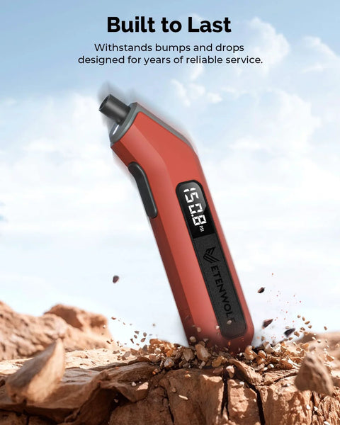 ETENWOLF digital tire pressure gauge, orange handheld with digital PSI display.