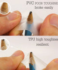 Comparison showing PVC and TPU material toughness with a pencil test, highlighting High-Strength Clear Inflatable Patch Kit Quick Fix for Pools, Air Mattresses, Tents, Canopies, Floats, Tubes and Outdoor Gear, Heat Resistant, Durable Adhesive, Easy Peel, 10-Piece Repair Set performance