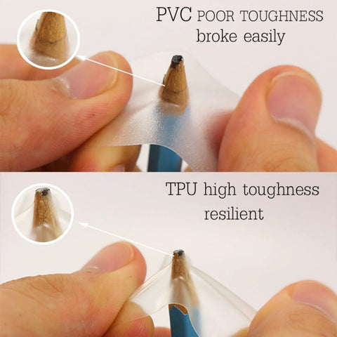 Comparison showing PVC and TPU material toughness with a pencil test, highlighting High-Strength Clear Inflatable Patch Kit Quick Fix for Pools, Air Mattresses, Tents, Canopies, Floats, Tubes and Outdoor Gear, Heat Resistant, Durable Adhesive, Easy Peel, 10-Piece Repair Set performance