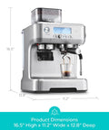 Daily Grind Premium Stainless Steel Espresso Machine With Reliable Built In Grinder And Manual Steam Wand For Killer Lattes And Effortless Morning Rituals At Home, showing front view and coffee pouring.