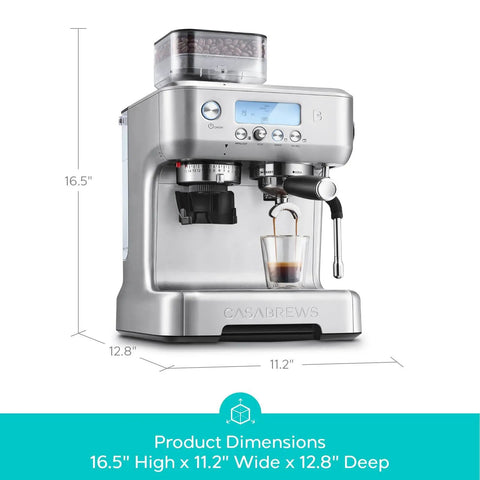 Daily Grind Premium Stainless Steel Espresso Machine With Reliable Built In Grinder And Manual Steam Wand For Killer Lattes And Effortless Morning Rituals At Home, showing front view and coffee pouring.