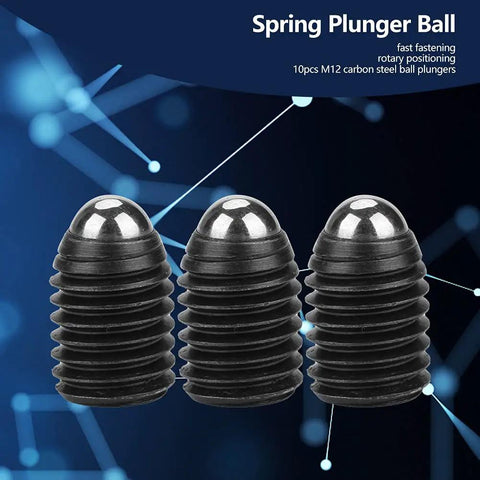 Built Tough M12 Ball Plungers 10 Pack Hex Socket Spring Loaded Carbon Steel Workpiece Positioning Hardware close-up of three spring plunger balls.