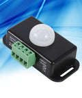 Motion Sensor Light Switch For Indoor Use Auto On Off DC 12V 24V Motion Activated Controller For LED Light Strips Smooth Flicker Free Output Infrared Detection black plastic sensor with green terminal block