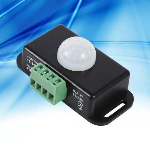 Motion Sensor Light Switch For Indoor Use Auto On Off DC 12V 24V Motion Activated Controller For LED Light Strips Smooth Flicker Free Output Infrared Detection black plastic sensor with green terminal block