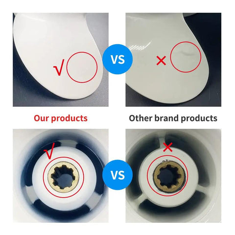 Comparison of Pro Grade Aluminum Outboard Propeller For Yamaha 3 Blade Right Rotation and competitor's product showing blade and spline differences.